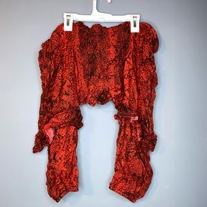 Red And Black Off The Shoulder Long Sleeve Bandeau Top | Women’s Size Medium